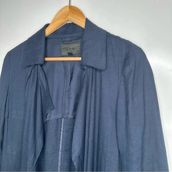 ICB Navy Blue Linen Silk Drape Front Trench Blazer Jacket Size Small - Picture 3 of 10